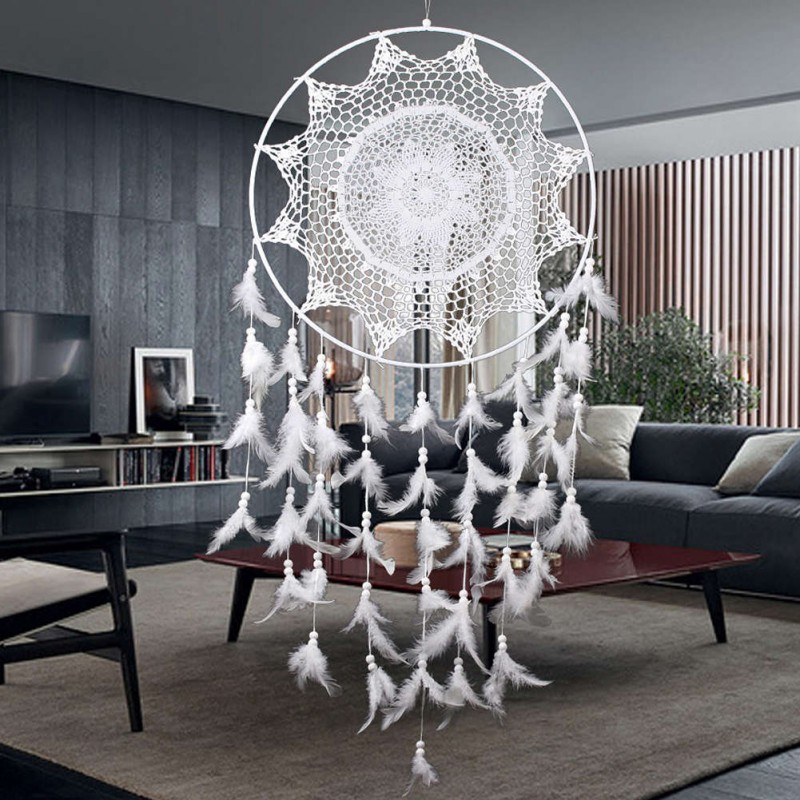 White Hook Flower Dream Catcher Feather Bead Hanging Decor Ornament