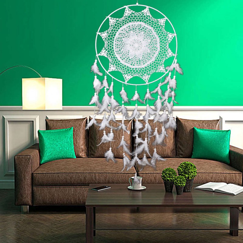 White Hook Flower Dream Catcher Feather Bead Hanging Decor Ornament