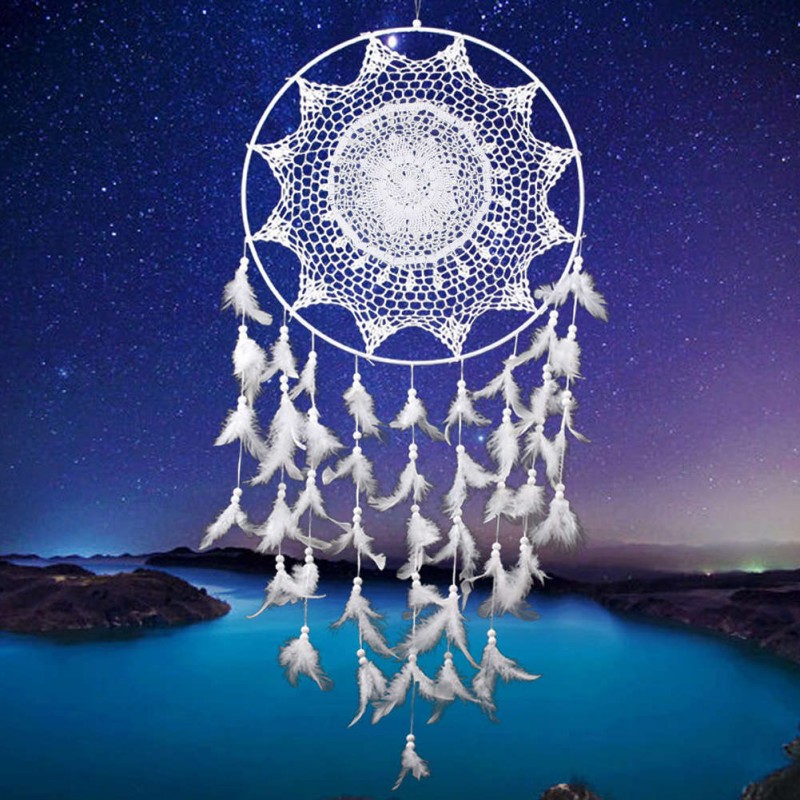 White Hook Flower Dream Catcher Feather Bead Hanging Decor Ornament