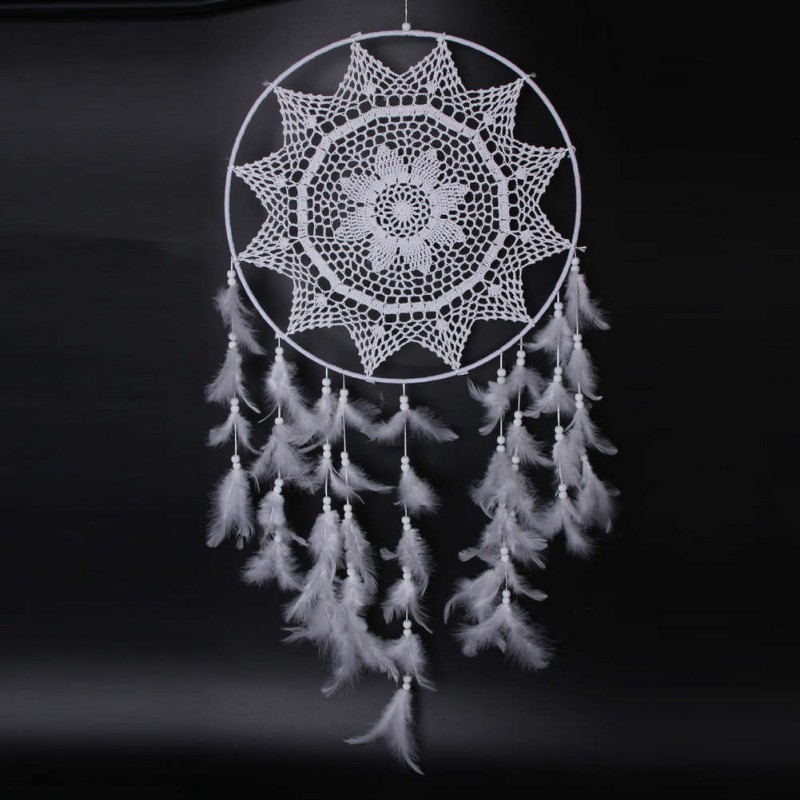 White Hook Flower Dream Catcher Feather Bead Hanging Decor Ornament