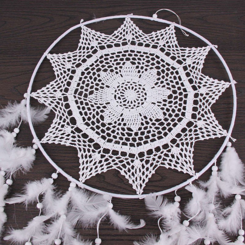 White Hook Flower Dream Catcher Feather Bead Hanging Decor Ornament