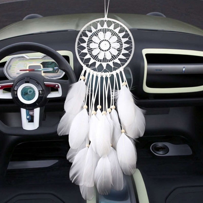 White Lace Flowers Dream Catcher Feather Bead Hanging Decor Ornament