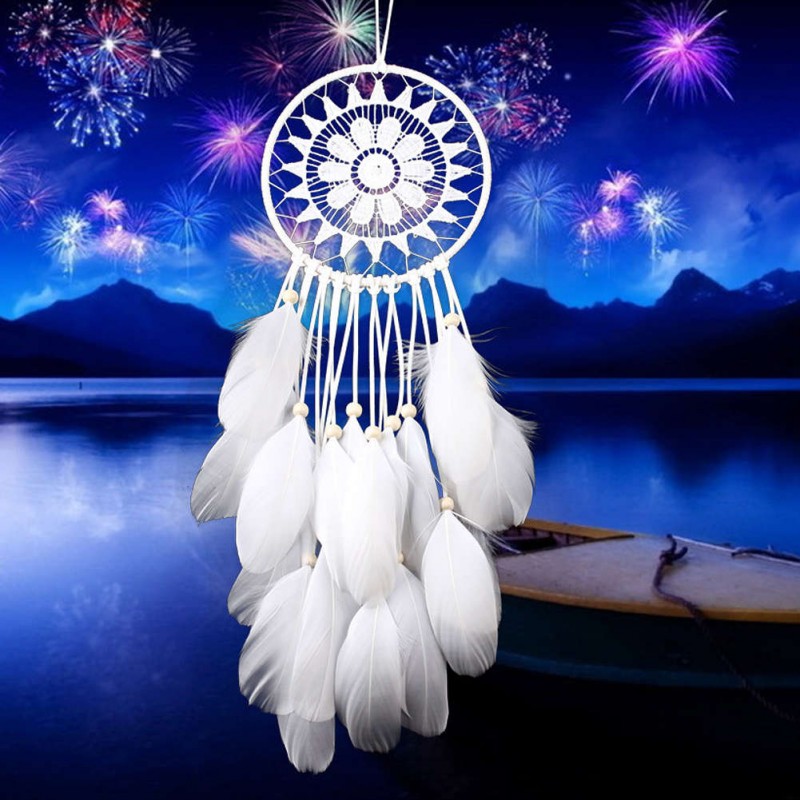 White Lace Flowers Dream Catcher Feather Bead Hanging Decor Ornament