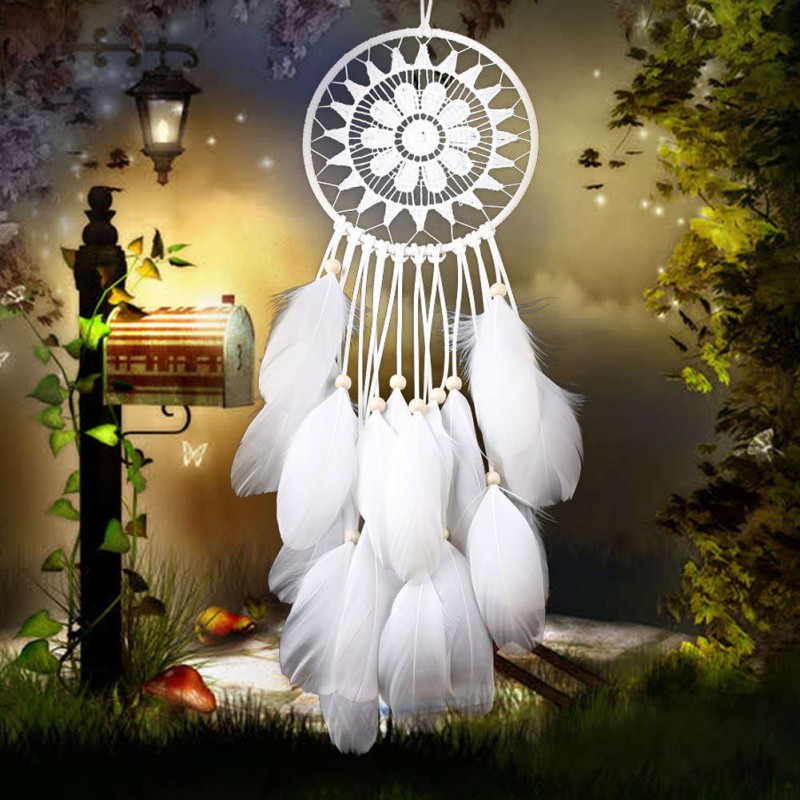 White Lace Flowers Dream Catcher Feather Bead Hanging Decor Ornament