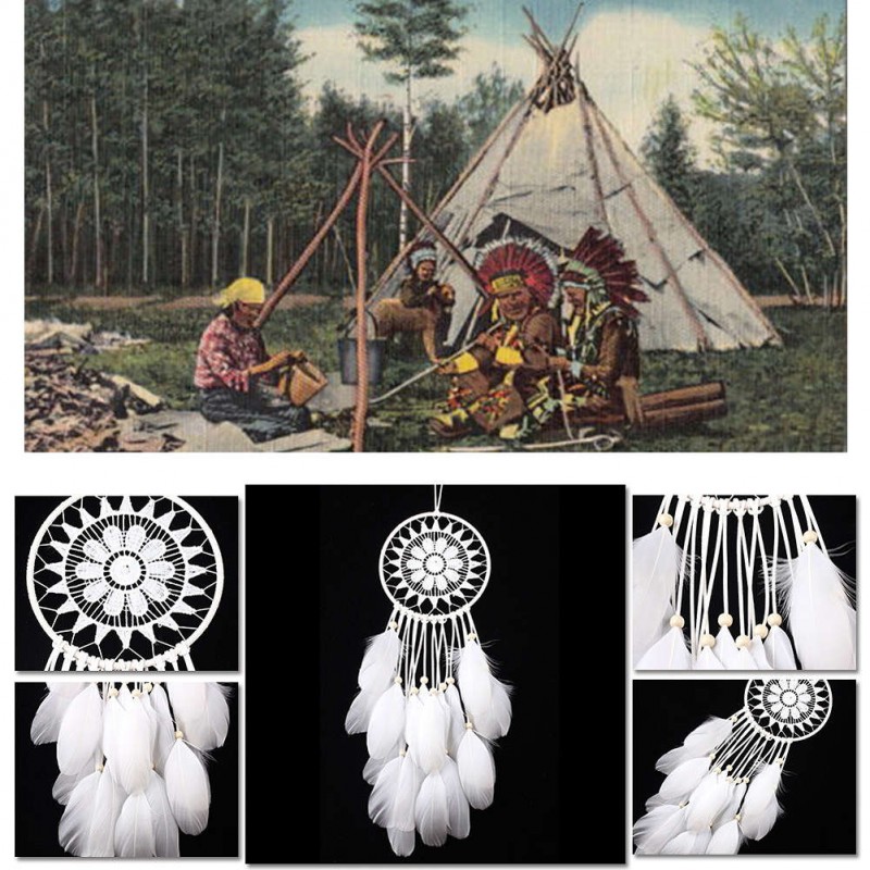 White Lace Flowers Dream Catcher Feather Bead Hanging Decor Ornament