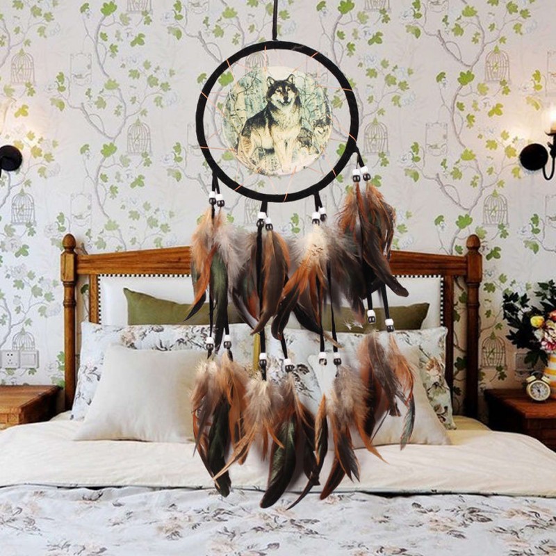 Wolf Totem Dream Catcher Feather Bead Hanging Decor Ornament