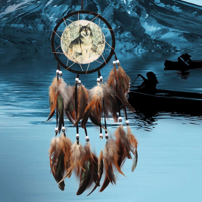 Wolf Totem Dream Catcher Feather Bead Hanging Decor Ornament