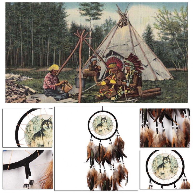 Wolf Totem Dream Catcher Feather Bead Hanging Decor Ornament