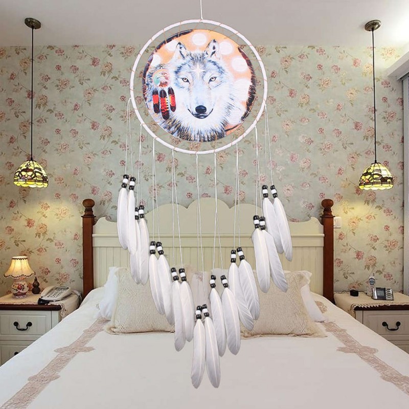 Wolf Printed Dream Catcher Net Feather Bead Dreamcatcher Hanging Ornament