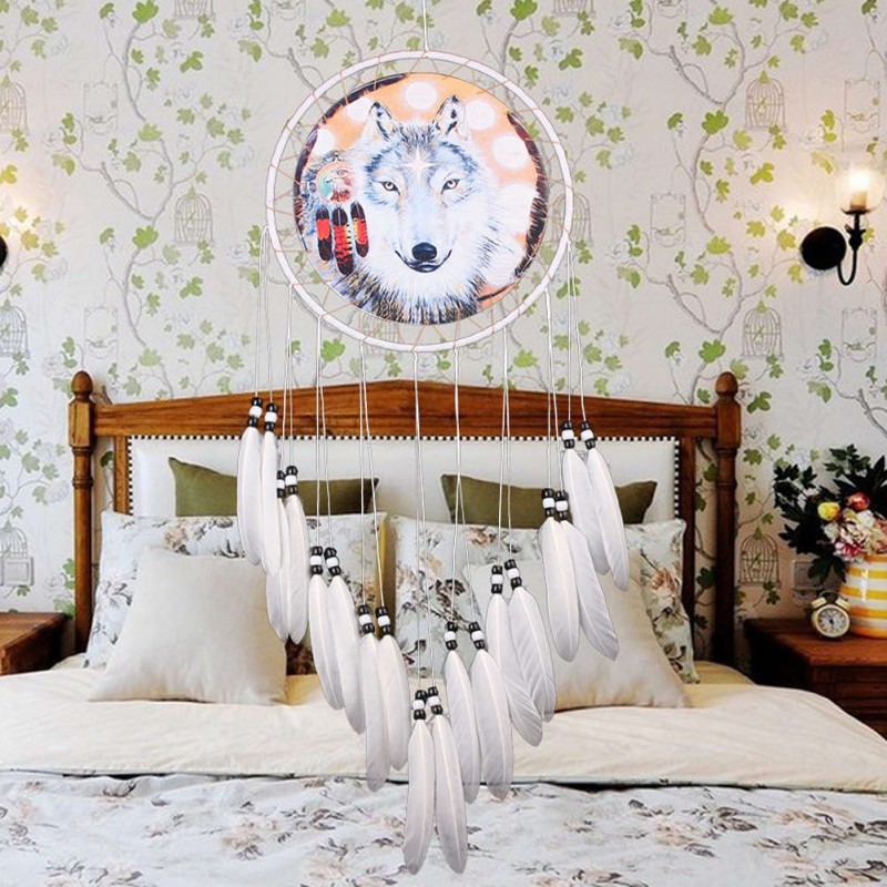 Wolf Printed Dream Catcher Net Feather Bead Dreamcatcher Hanging Ornament