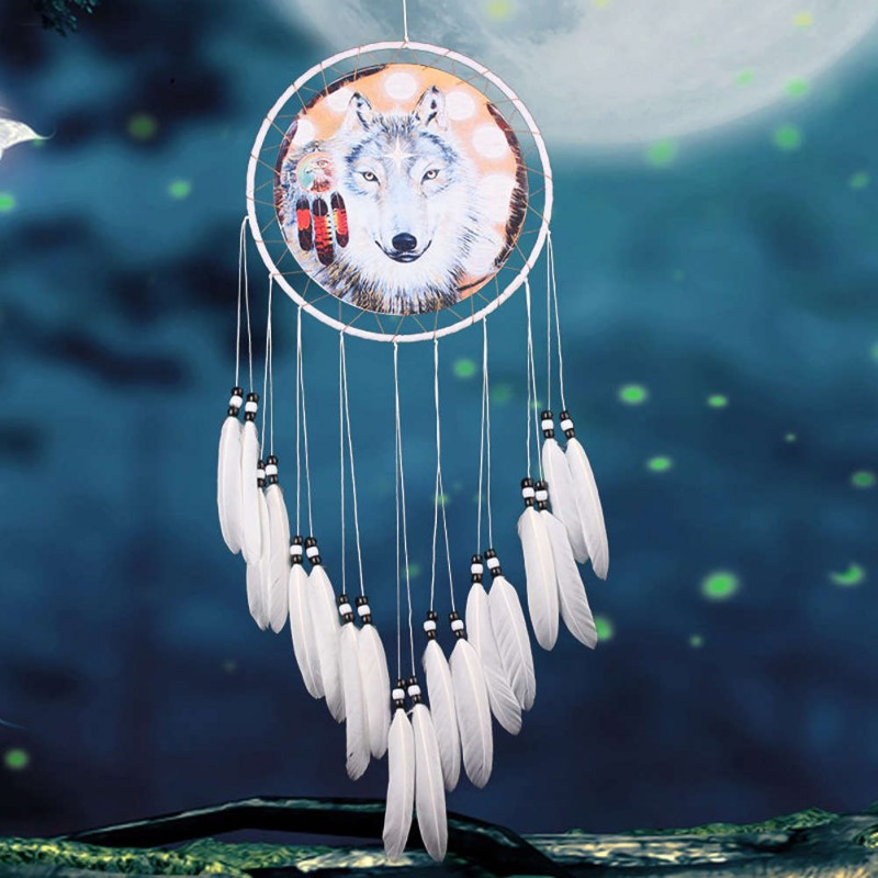 Wolf Printed Dream Catcher Net Feather Bead Dreamcatcher Hanging Ornament