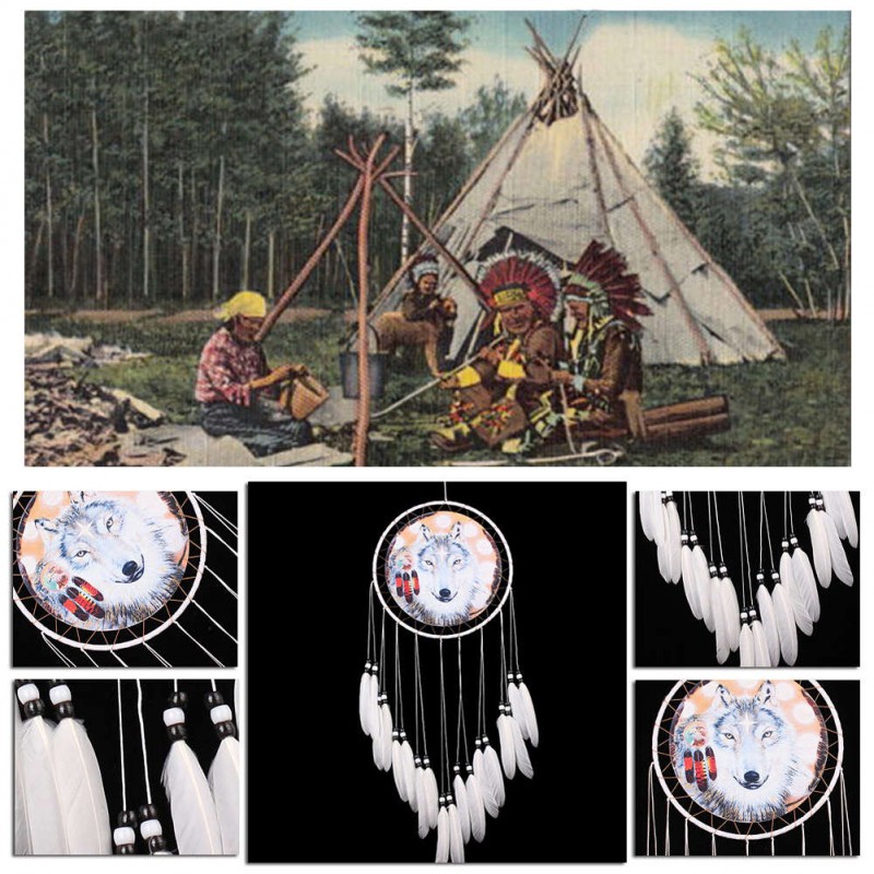 Wolf Printed Dream Catcher Net Feather Bead Dreamcatcher Hanging Ornament