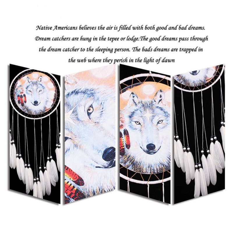 Wolf Printed Dream Catcher Net Feather Bead Dreamcatcher Hanging Ornament