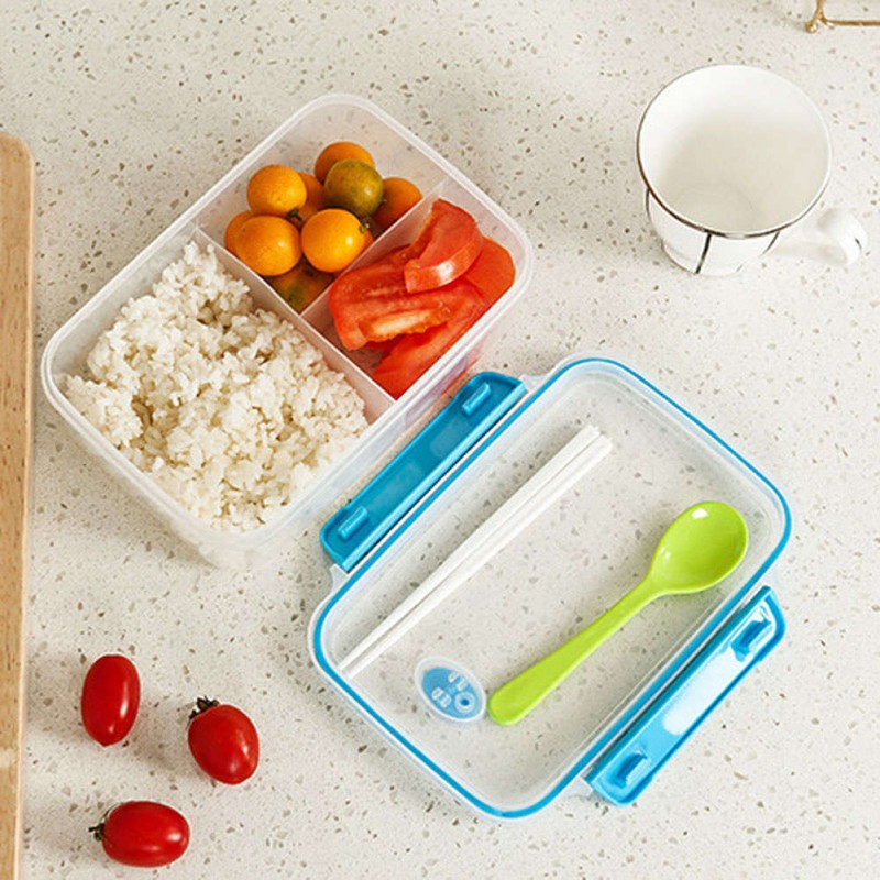 Transparent Three Compartments Lunch Bento Box Food Snack Container Storage