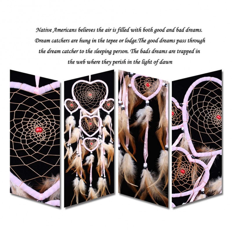Five-rings Hearts Dream Catcher Wall Hanging Home Car Decor Craft Pink