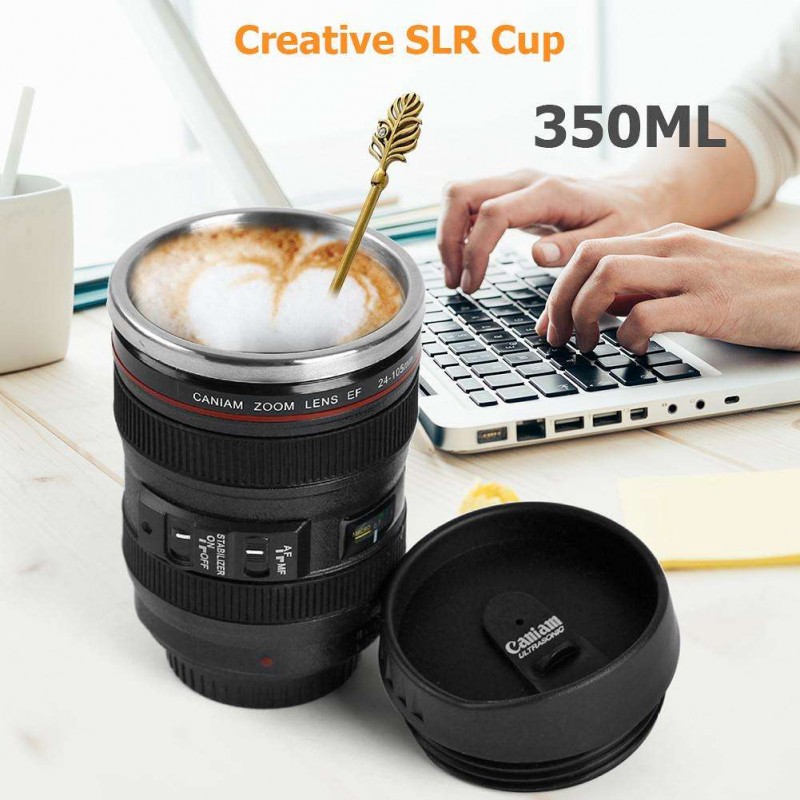 350mL Camera Lens Shape Coffee Tea Mug with Lid Vacuum Flasks Thermal Cup