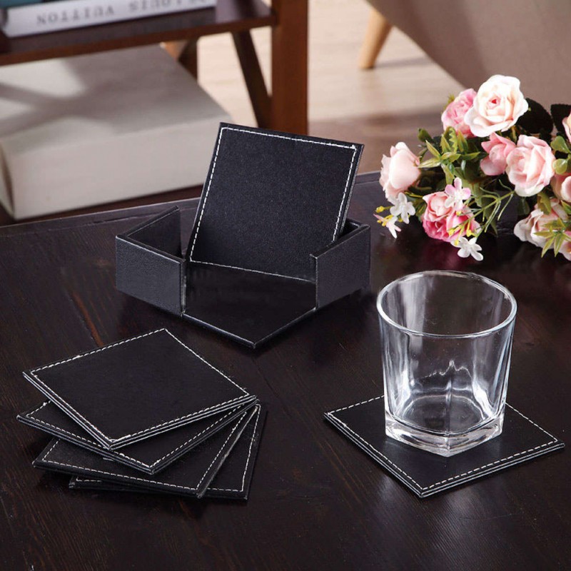 6 Pcs Double-deck Leather Coasters Set Placemat of Cup with Coaster Holder
